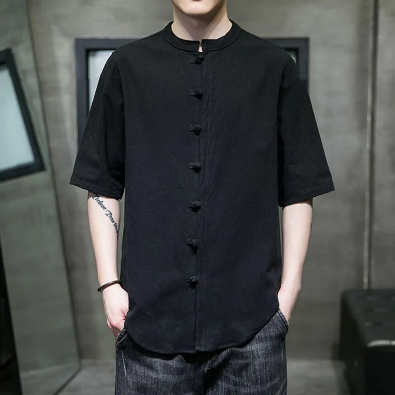 Camicia da uomo in cotone a mezza manica con motivo Buddha Stones, tinta unita - Image 17