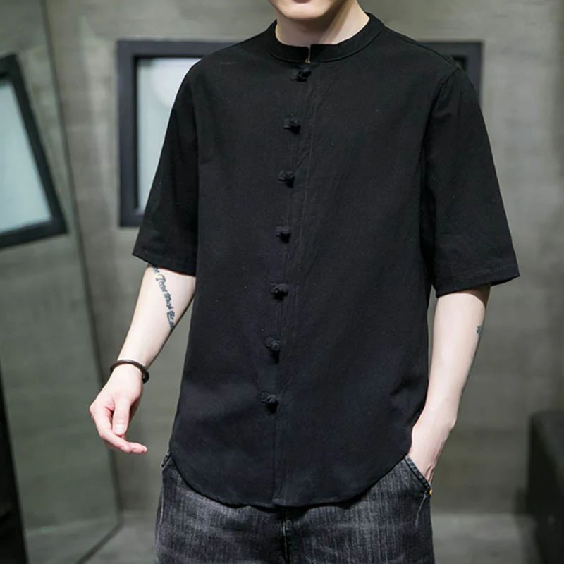 Camicia da uomo in cotone a mezza manica con motivo Buddha Stones, tinta unita - Image 18