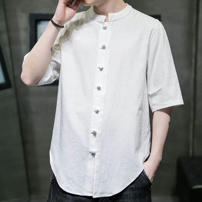Camicia da uomo in cotone a mezza manica con motivo Buddha Stones, tinta unita - Image 2