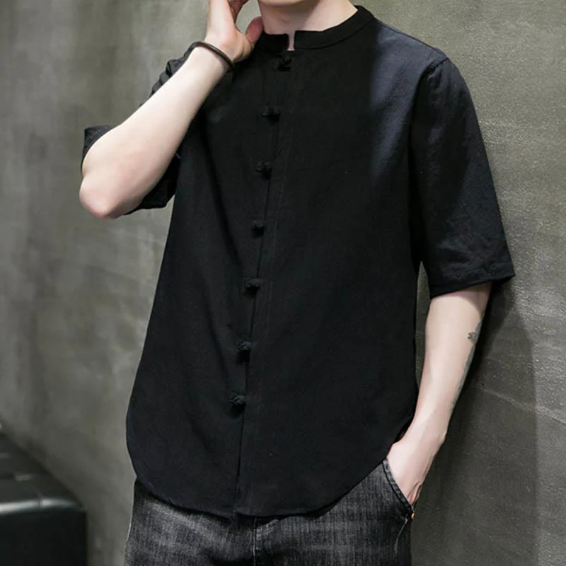 Camicia da uomo in cotone a mezza manica con motivo Buddha Stones, tinta unita - Image 20