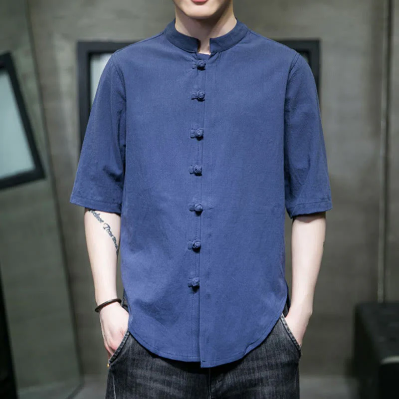 Camicia da uomo in cotone a mezza manica con motivo Buddha Stones, tinta unita - Image 23