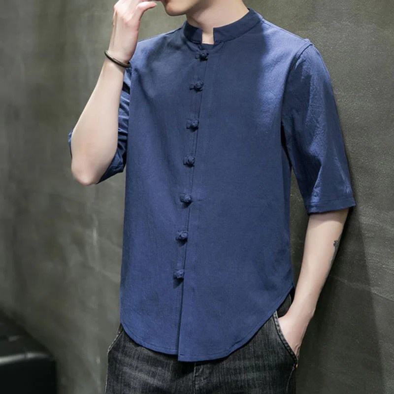 Camicia da uomo in cotone a mezza manica con motivo Buddha Stones, tinta unita - Image 24