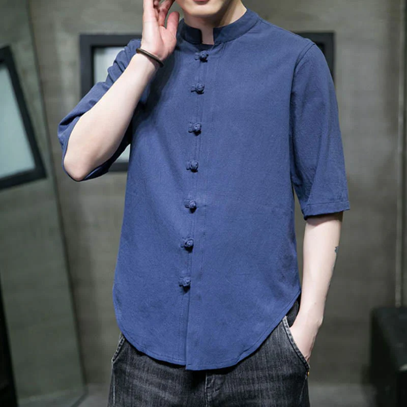Camicia da uomo in cotone a mezza manica con motivo Buddha Stones, tinta unita - Image 26