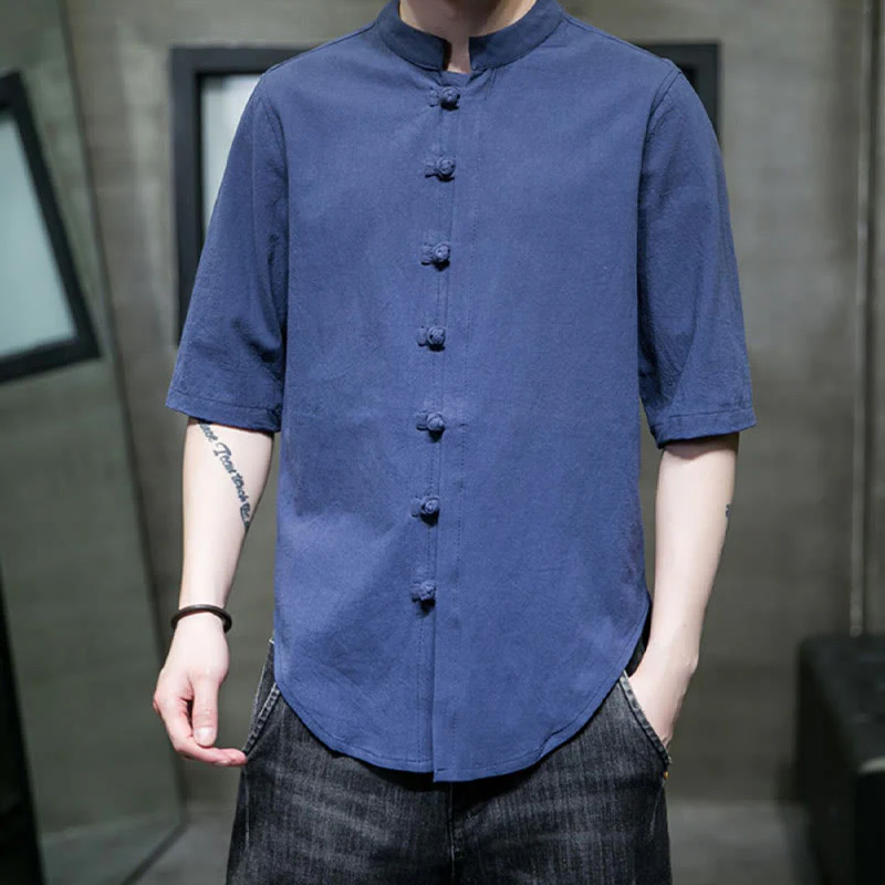 Camicia da uomo in cotone a mezza manica con motivo Buddha Stones, tinta unita - Image 29