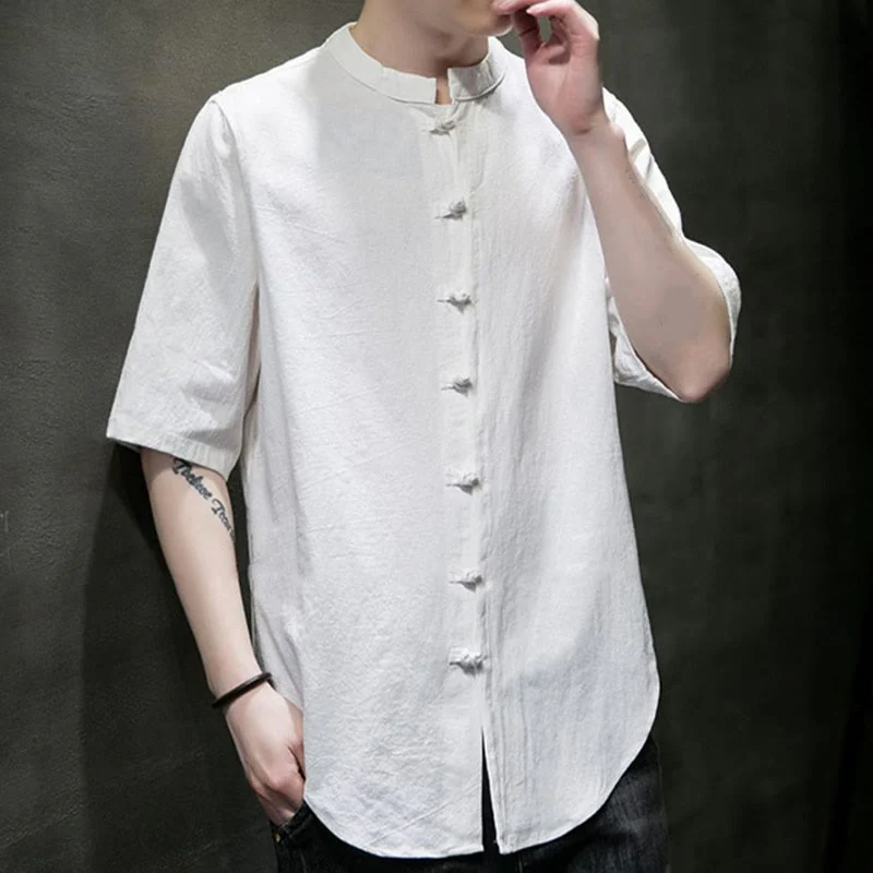 Camicia da uomo in cotone a mezza manica con motivo Buddha Stones, tinta unita - Image 4