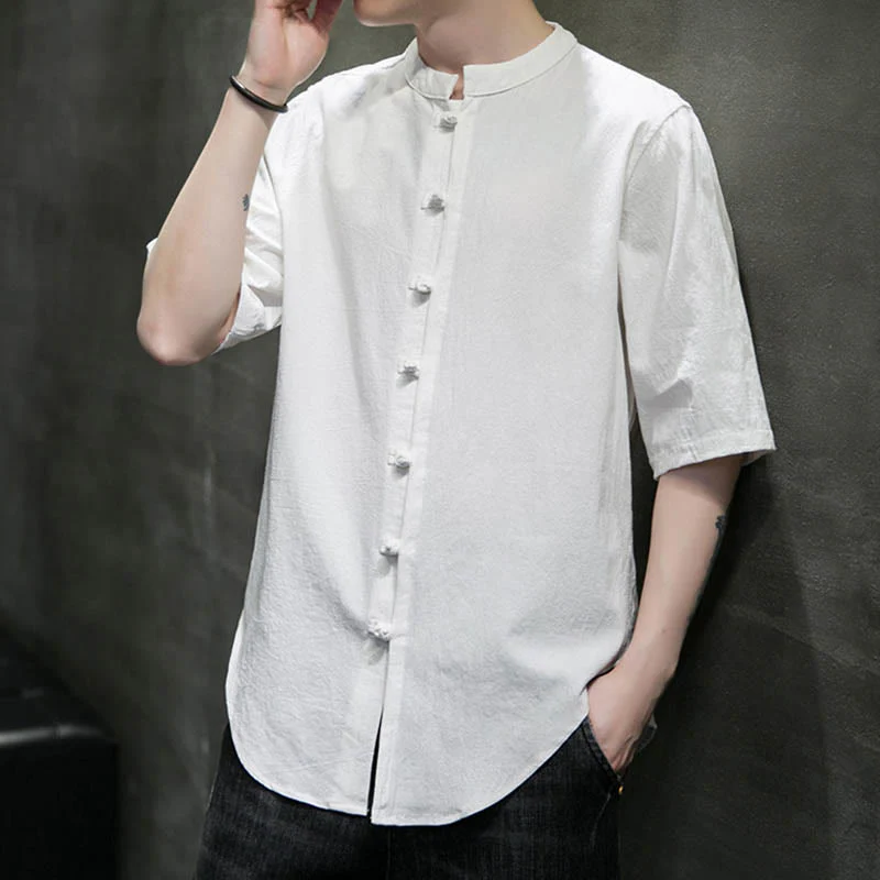 Camicia da uomo in cotone a mezza manica con motivo Buddha Stones, tinta unita - Image 7