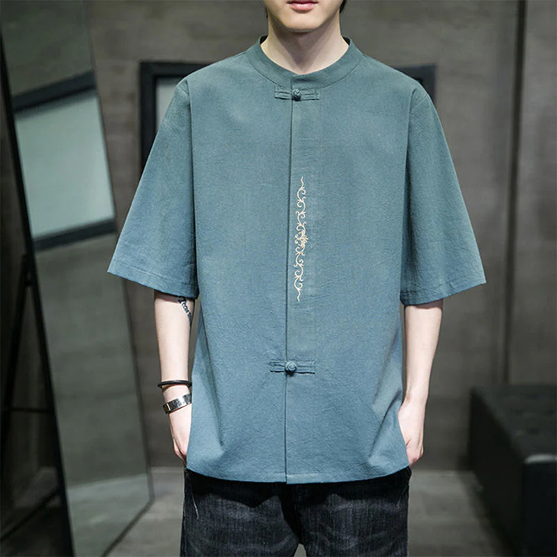 Camicia da uomo in cotone a mezza manica con ricamo a bottone con rana, tinta unita, motivo Buddha Stones