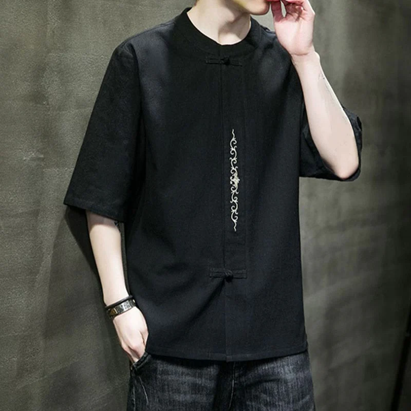Camicia da uomo in cotone a mezza manica con ricamo a bottone con rana, tinta unita, motivo Buddha Stones - Image 11