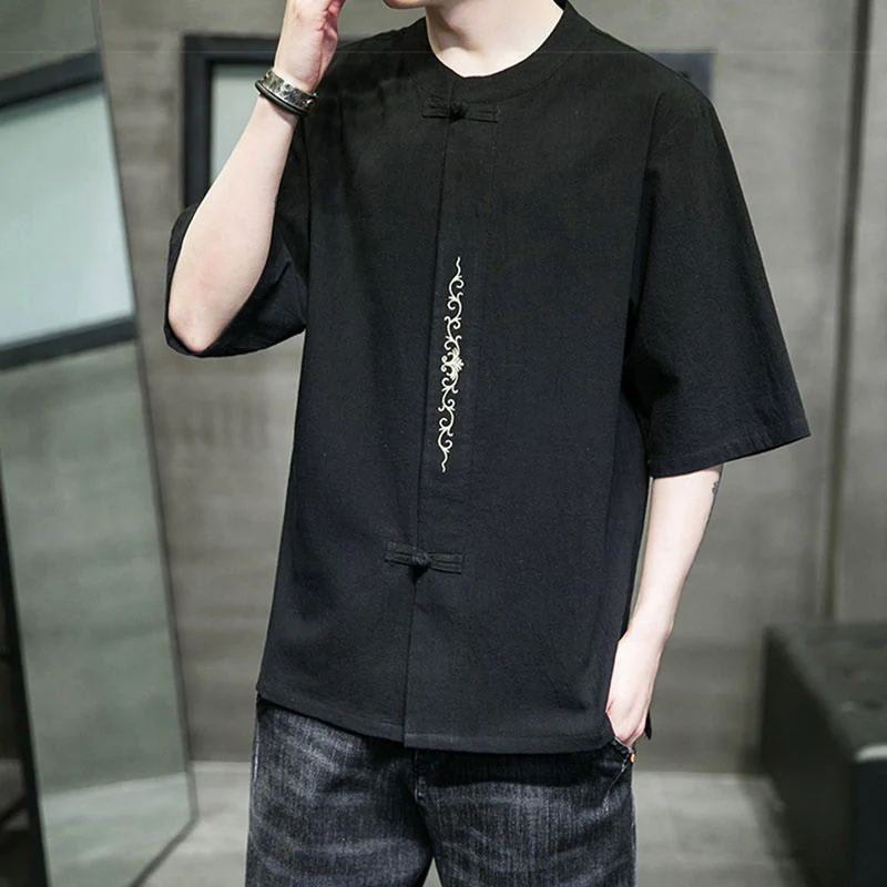 Camicia da uomo in cotone a mezza manica con ricamo a bottone con rana, tinta unita, motivo Buddha Stones - Image 13