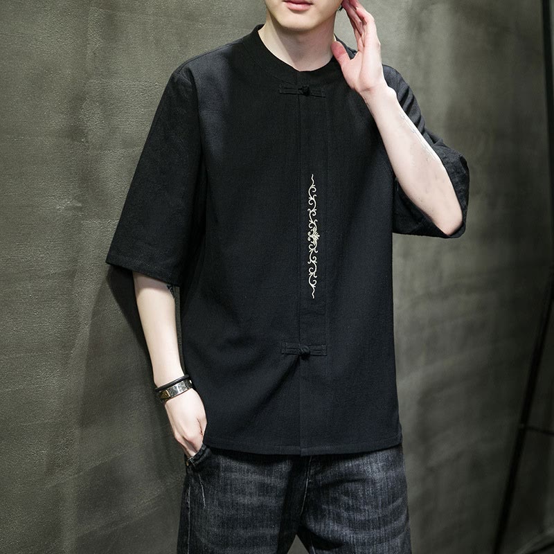 Camicia da uomo in cotone a mezza manica con ricamo a bottone con rana, tinta unita, motivo Buddha Stones - Image 15