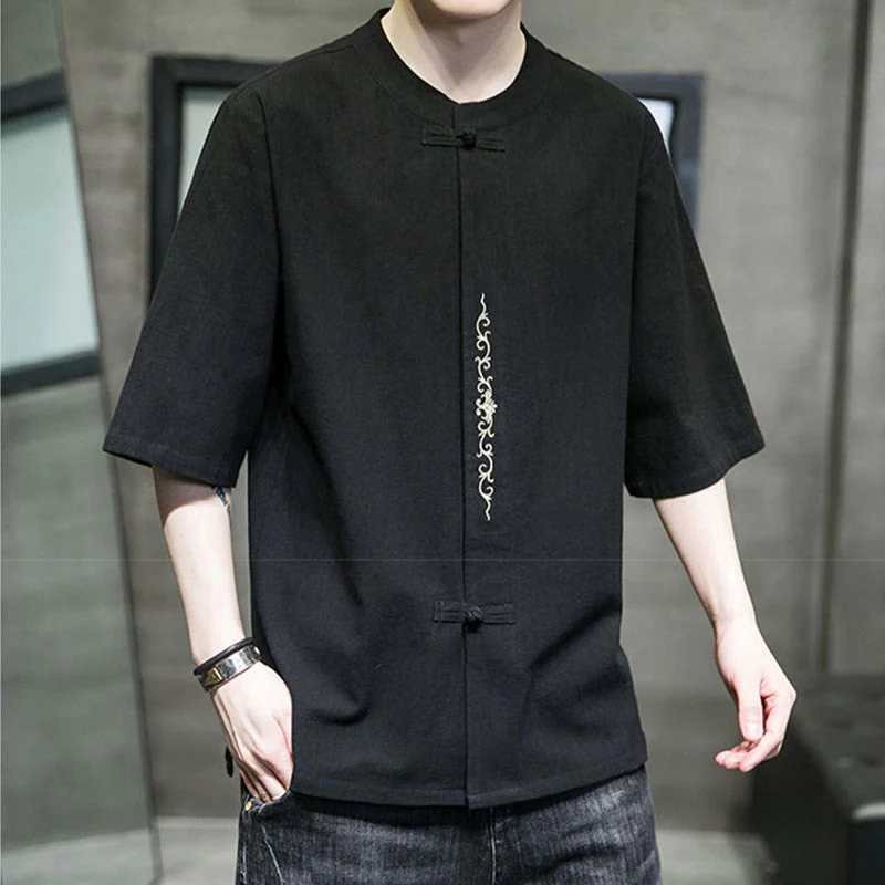 Camicia da uomo in cotone a mezza manica con ricamo a bottone con rana, tinta unita, motivo Buddha Stones - Image 16