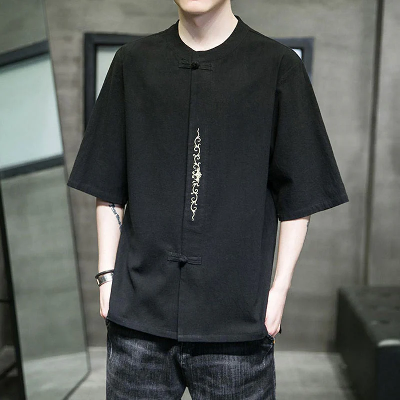 Camicia da uomo in cotone a mezza manica con ricamo a bottone con rana, tinta unita, motivo Buddha Stones - Image 17