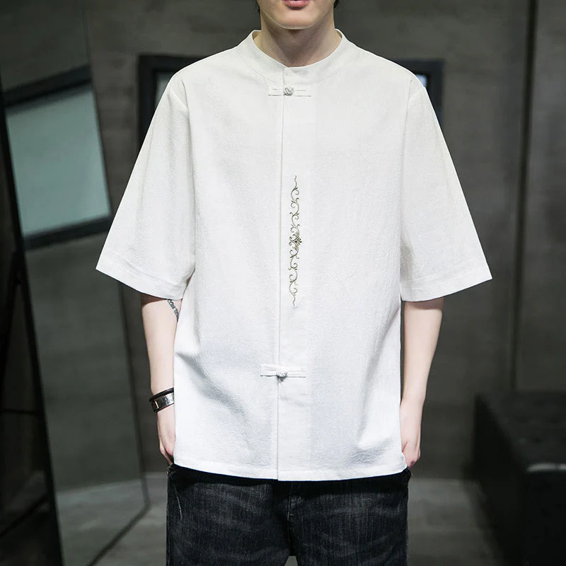 Camicia da uomo in cotone a mezza manica con ricamo a bottone con rana, tinta unita, motivo Buddha Stones - Image 18