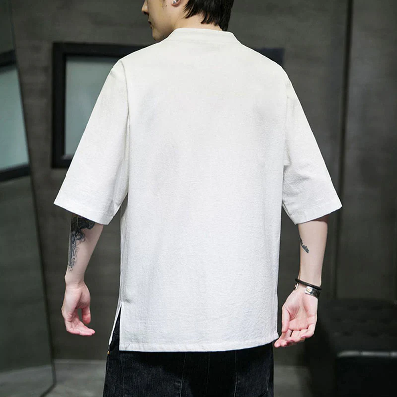 Camicia da uomo in cotone a mezza manica con ricamo a bottone con rana, tinta unita, motivo Buddha Stones - Image 19