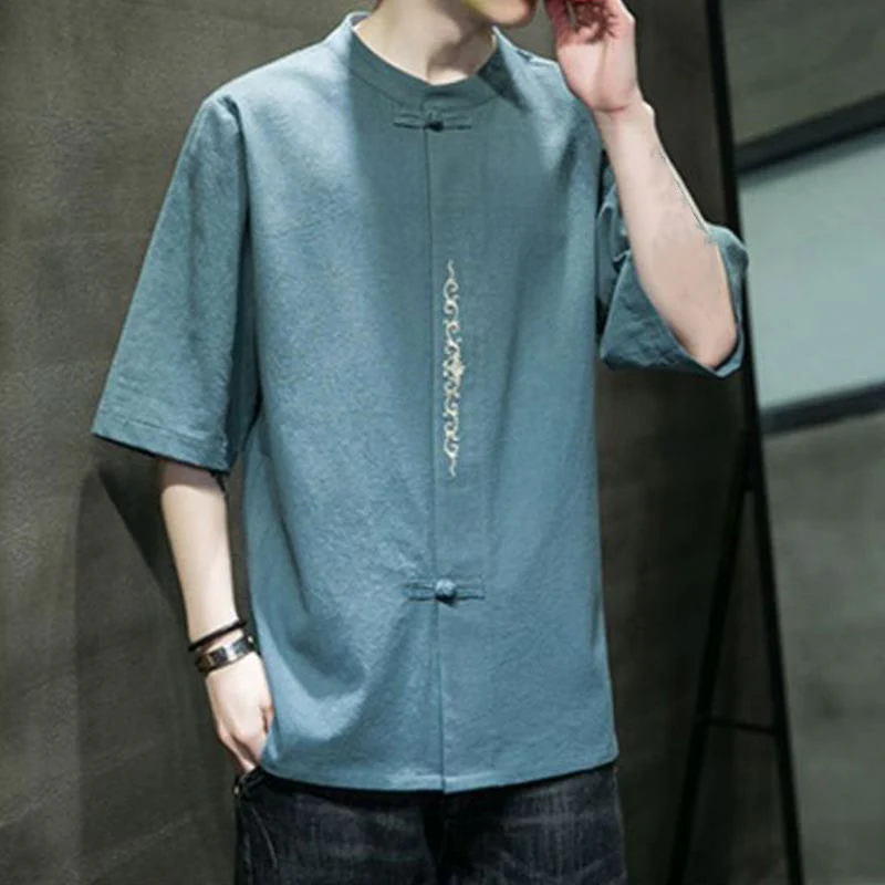 Camicia da uomo in cotone a mezza manica con ricamo a bottone con rana, tinta unita, motivo Buddha Stones - Image 2
