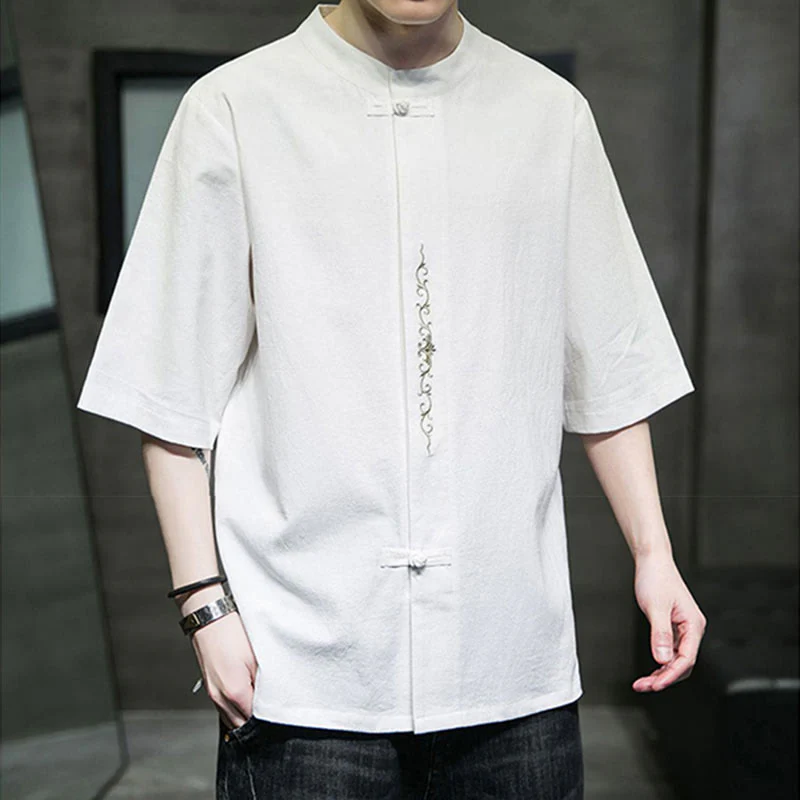 Camicia da uomo in cotone a mezza manica con ricamo a bottone con rana, tinta unita, motivo Buddha Stones - Image 20