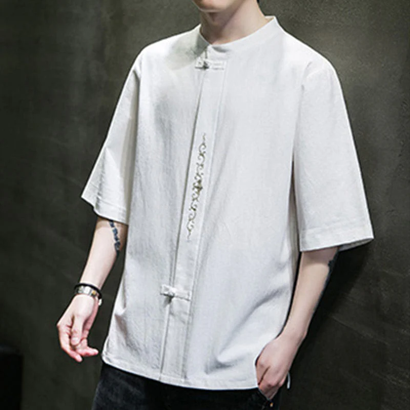 Camicia da uomo in cotone a mezza manica con ricamo a bottone con rana, tinta unita, motivo Buddha Stones - Image 21