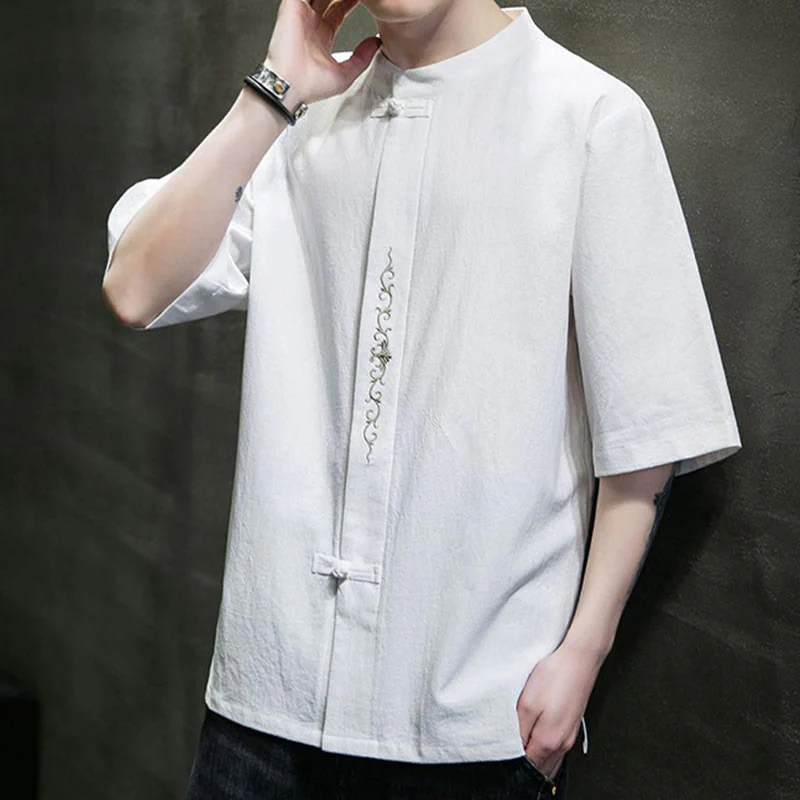 Camicia da uomo in cotone a mezza manica con ricamo a bottone con rana, tinta unita, motivo Buddha Stones - Image 22