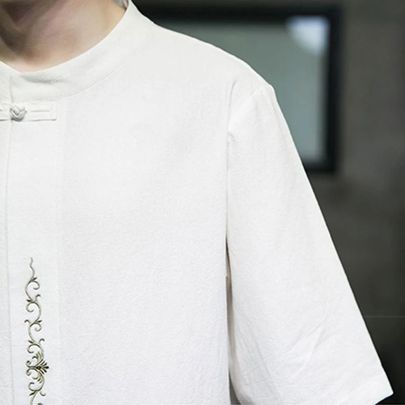 Camicia da uomo in cotone a mezza manica con ricamo a bottone con rana, tinta unita, motivo Buddha Stones - Image 23
