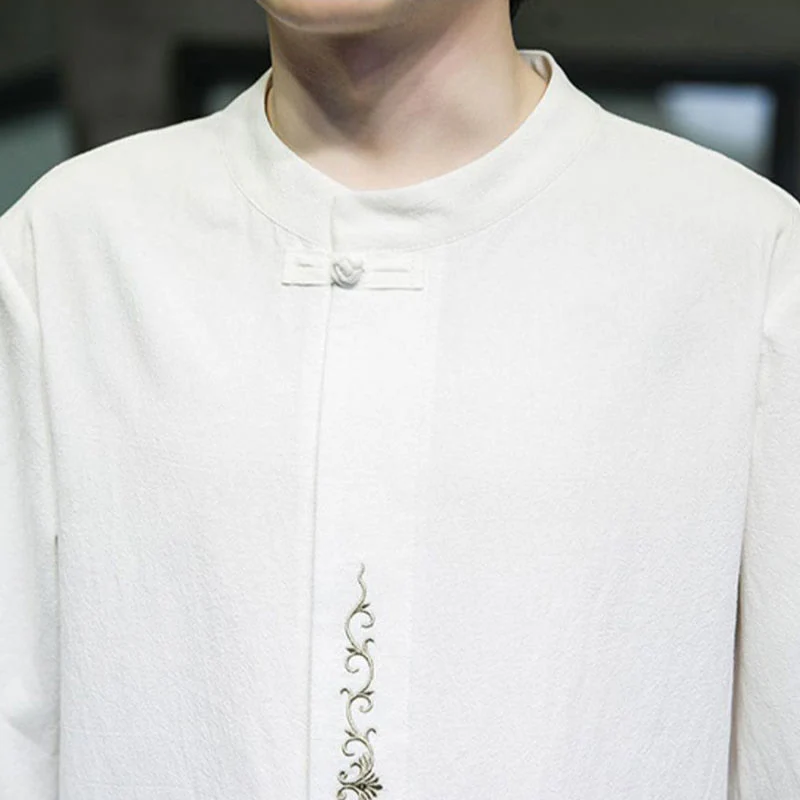 Camicia da uomo in cotone a mezza manica con ricamo a bottone con rana, tinta unita, motivo Buddha Stones - Image 24