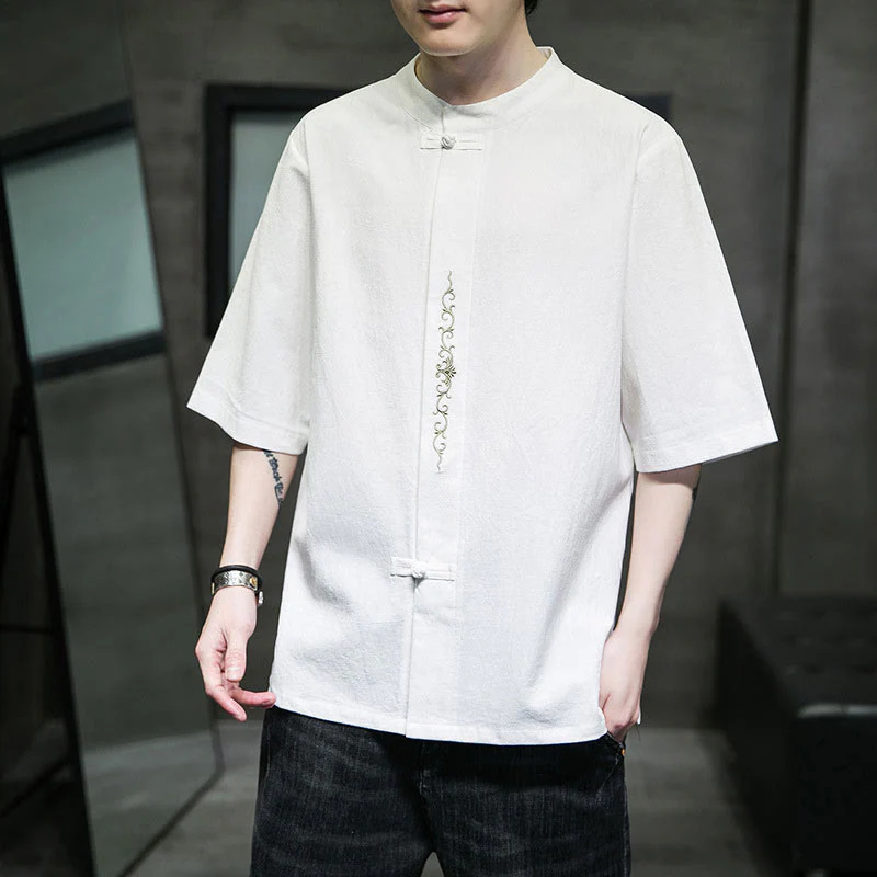 Camicia da uomo in cotone a mezza manica con ricamo a bottone con rana, tinta unita, motivo Buddha Stones - Image 26