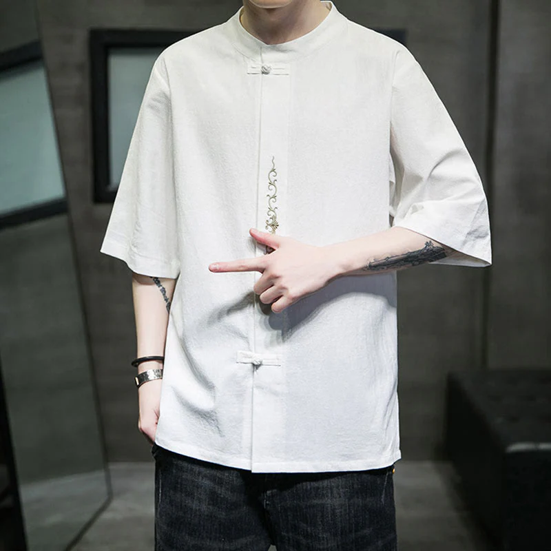 Camicia da uomo in cotone a mezza manica con ricamo a bottone con rana, tinta unita, motivo Buddha Stones - Image 27