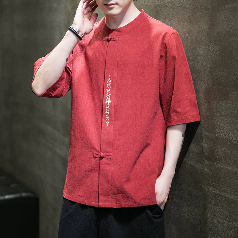 Camicia da uomo in cotone a mezza manica con ricamo a bottone con rana, tinta unita, motivo Buddha Stones - Image 28