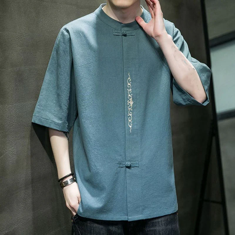 Camicia da uomo in cotone a mezza manica con ricamo a bottone con rana, tinta unita, motivo Buddha Stones - Image 6