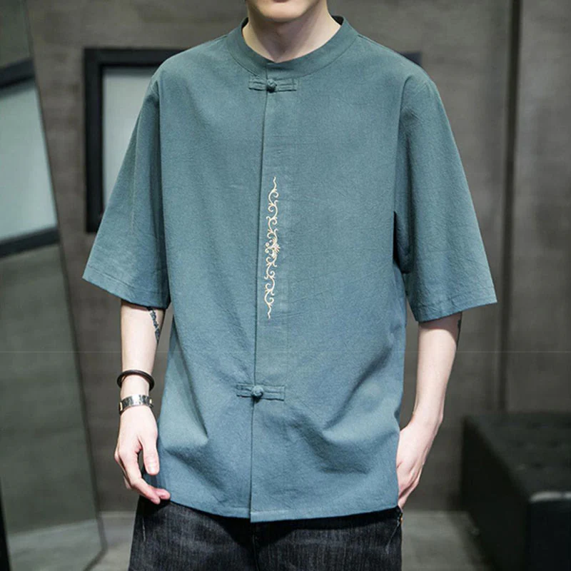 Camicia da uomo in cotone a mezza manica con ricamo a bottone con rana, tinta unita, motivo Buddha Stones - Image 7