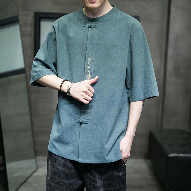 Camicia da uomo in cotone a mezza manica con ricamo a bottone con rana, tinta unita, motivo Buddha Stones - Image 8
