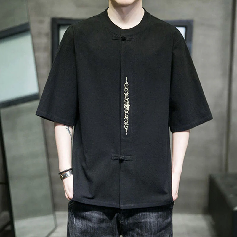 Camicia da uomo in cotone a mezza manica con ricamo a bottone con rana, tinta unita, motivo Buddha Stones - Image 9
