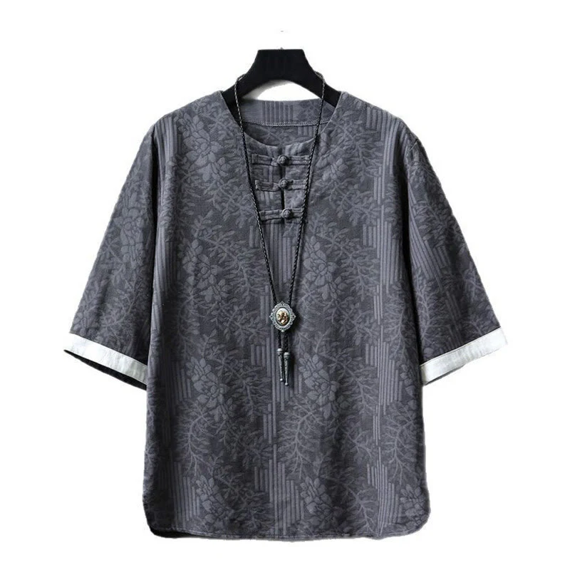 Camicia da uomo in cotone a mezza manica, con scollo a giro, in stile casual retrò, con bottoni cinesi e motivo a rana, motivo Buddha Stones - Image 2