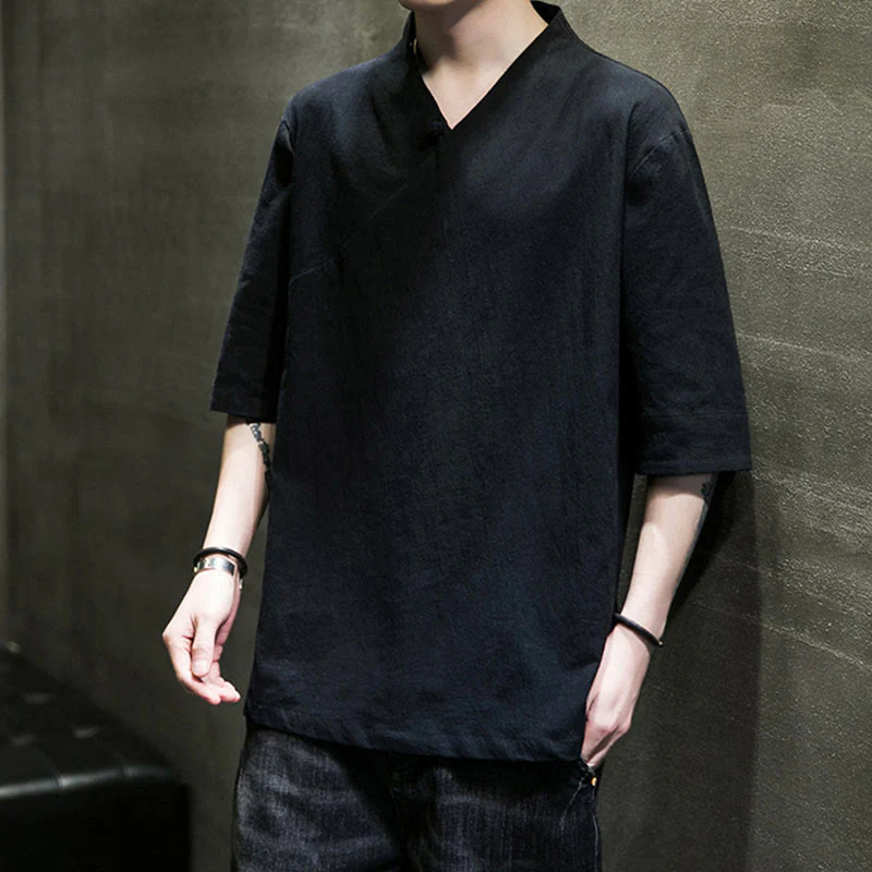 Camicia da uomo in cotone a mezza manica con scollo a V e motivo Buddha Stones - Image 17