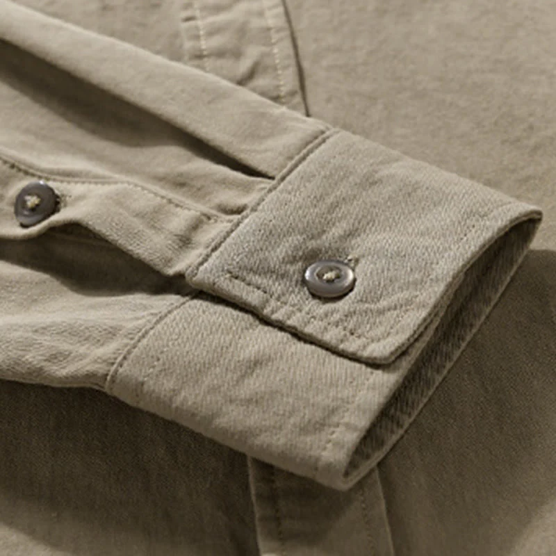 Camicia da uomo in cotone con colletto alla coreana, manica lunga, casual, tinta unita, con bottoni e tasca decorativa, Buddha Stones - Image 16