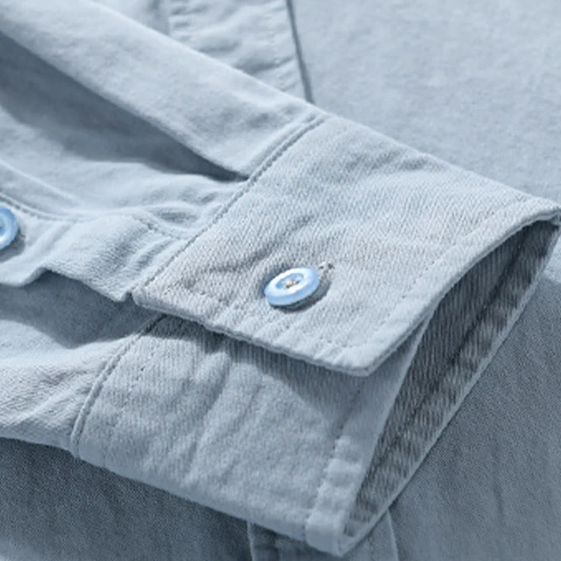 Camicia da uomo in cotone con colletto alla coreana, manica lunga, casual, tinta unita, con bottoni e tasca decorativa, Buddha Stones - Image 9