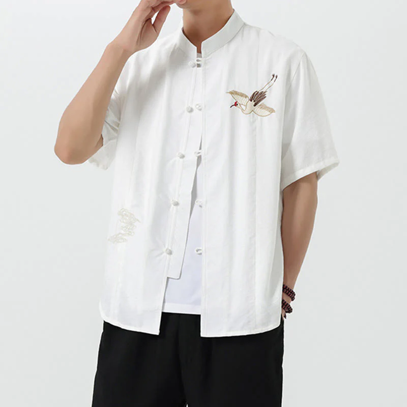 Camicia da uomo in cotone con collo alto, maniche corte, ricamo vintage Buddha Stones e bottoni - Image 10