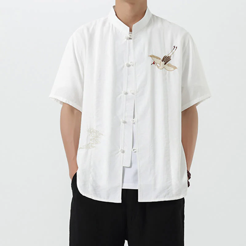 Camicia da uomo in cotone con collo alto, maniche corte, ricamo vintage Buddha Stones e bottoni - Image 11