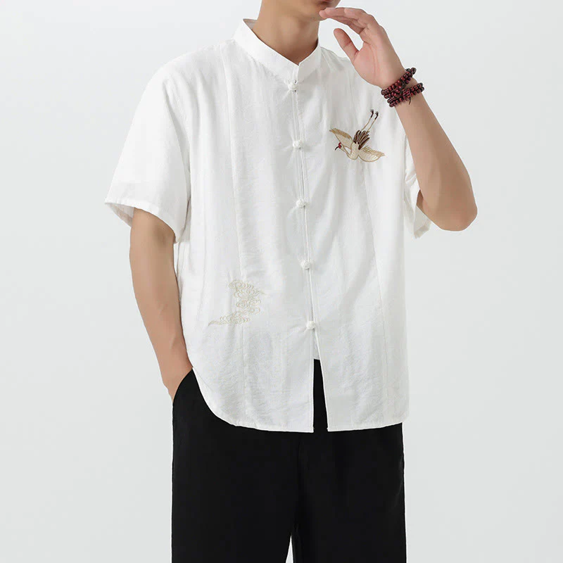 Camicia da uomo in cotone con collo alto, maniche corte, ricamo vintage Buddha Stones e bottoni - Image 12
