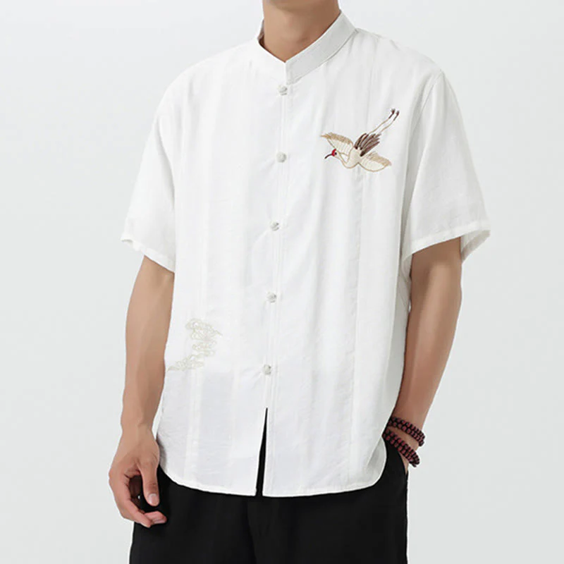 Camicia da uomo in cotone con collo alto, maniche corte, ricamo vintage Buddha Stones e bottoni - Image 13