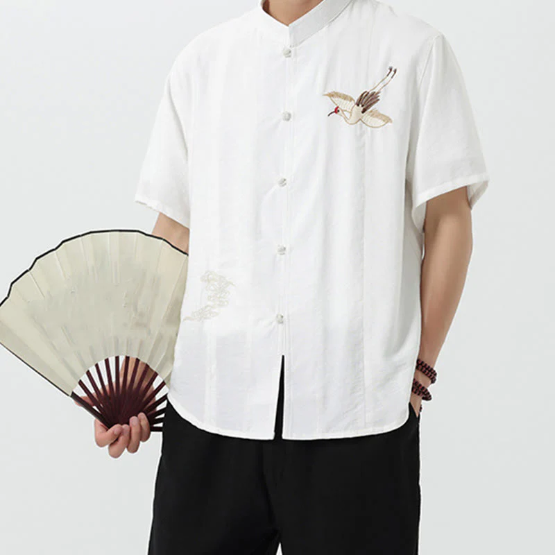 Camicia da uomo in cotone con collo alto, maniche corte, ricamo vintage Buddha Stones e bottoni - Image 16