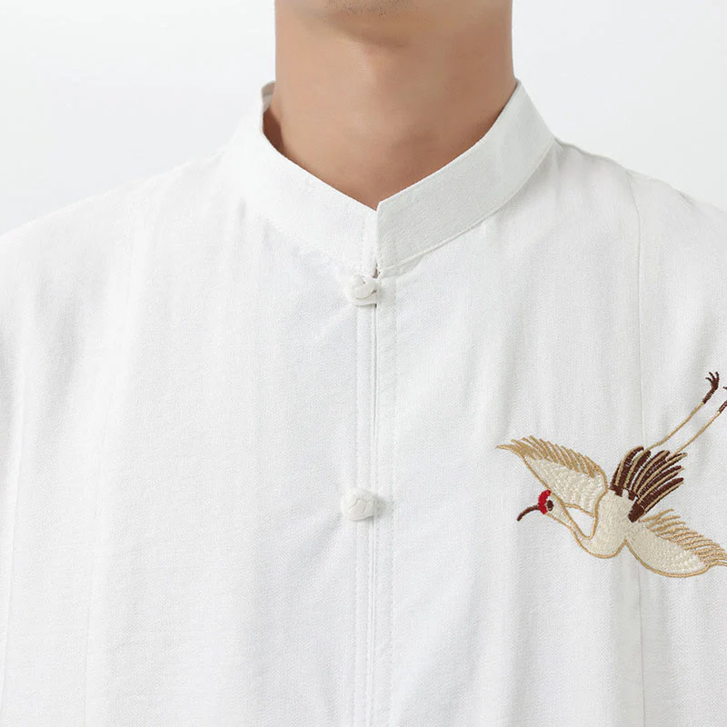 Camicia da uomo in cotone con collo alto, maniche corte, ricamo vintage Buddha Stones e bottoni - Image 17