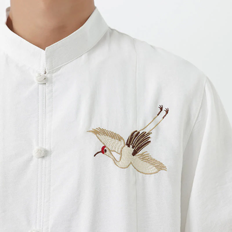 Camicia da uomo in cotone con collo alto, maniche corte, ricamo vintage Buddha Stones e bottoni - Image 18