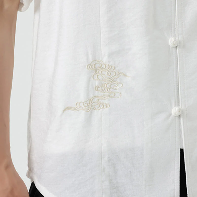 Camicia da uomo in cotone con collo alto, maniche corte, ricamo vintage Buddha Stones e bottoni - Image 19