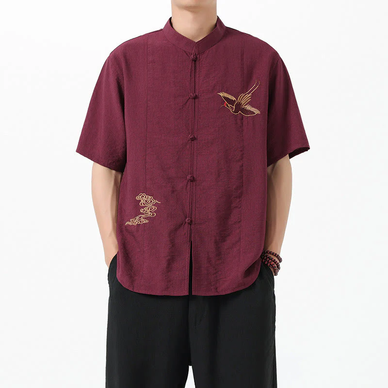Camicia da uomo in cotone con collo alto, maniche corte, ricamo vintage Buddha Stones e bottoni - Image 2