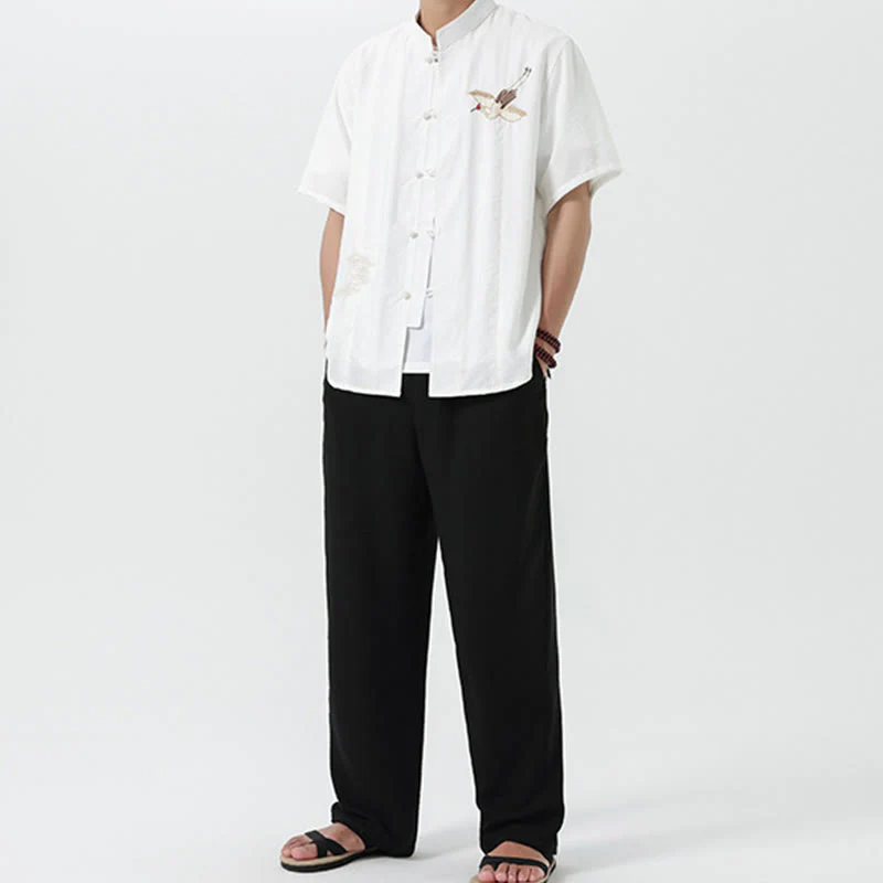 Camicia da uomo in cotone con collo alto, maniche corte, ricamo vintage Buddha Stones e bottoni - Image 20
