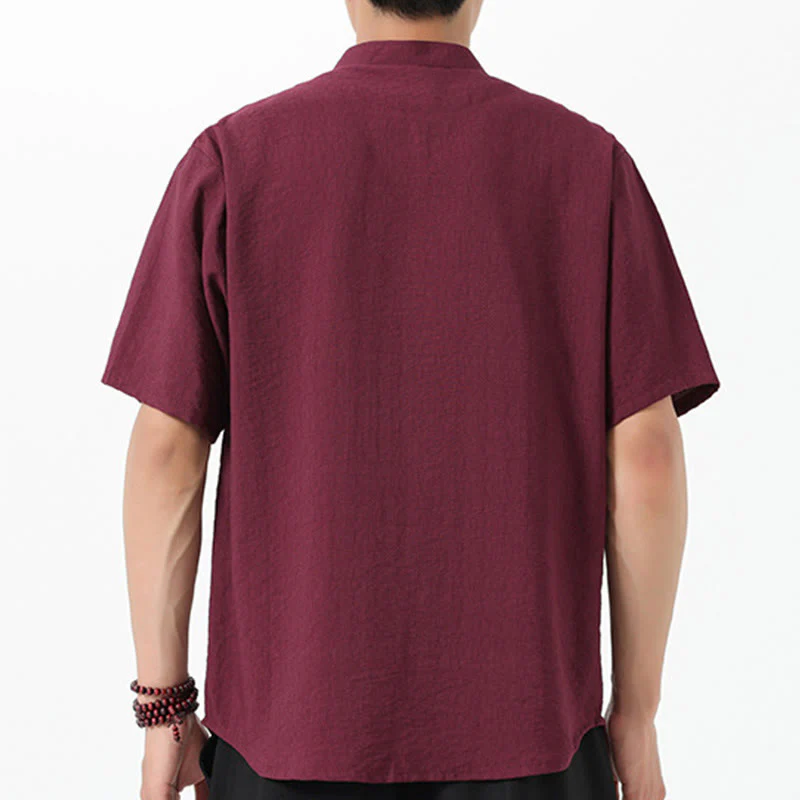 Camicia da uomo in cotone con collo alto, maniche corte, ricamo vintage Buddha Stones e bottoni - Image 4