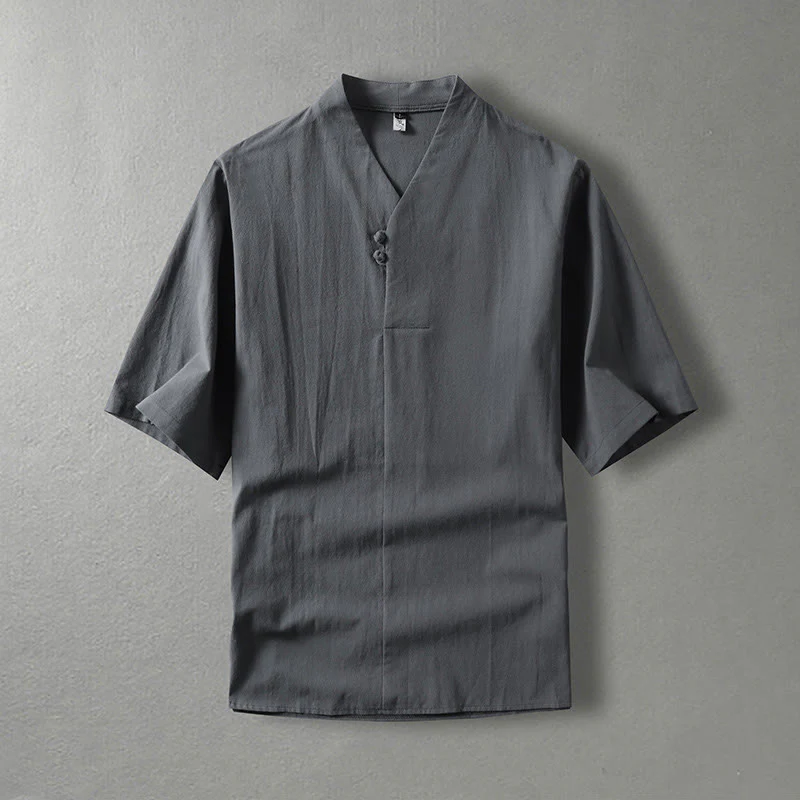 Camicia da uomo in cotone con maniche a tre quarti, casual, tinta unita, due bottoni , Buddha Stones - Image 3