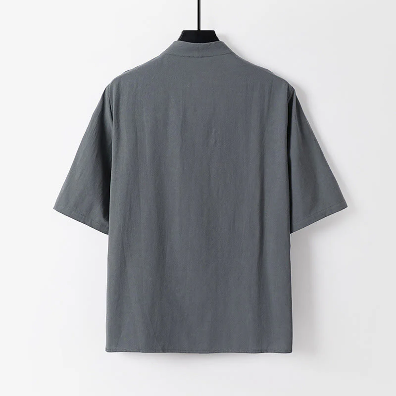 Camicia da uomo in cotone con maniche a tre quarti, casual, tinta unita, due bottoni , Buddha Stones - Image 4