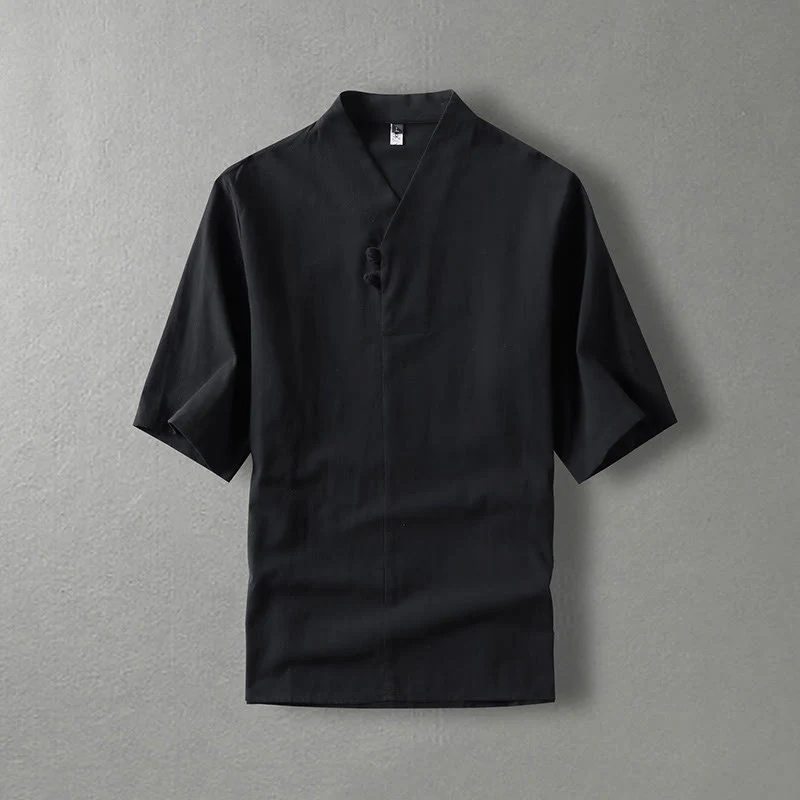 Camicia da uomo in cotone con maniche a tre quarti, casual, tinta unita, due bottoni , Buddha Stones - Image 5