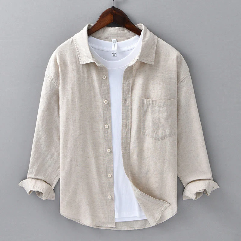 Camicia da uomo in cotone confortevole a maniche lunghe con colletto rovesciato e tasca, colore puro , Buddha Stones